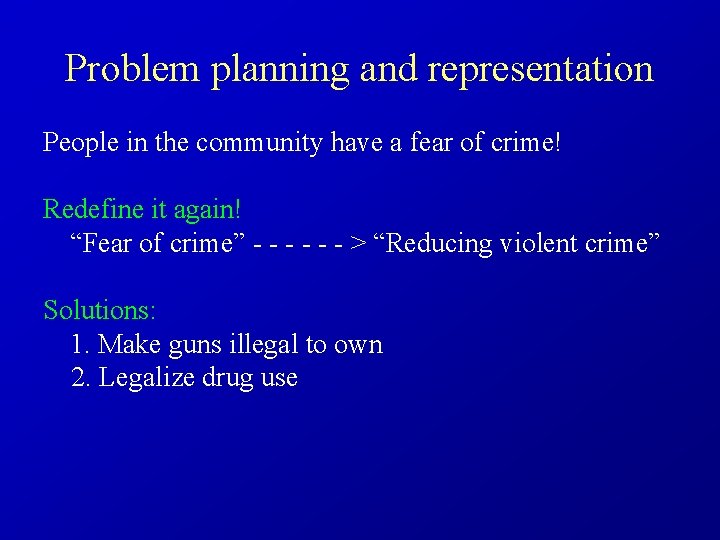 Problem planning and representation People in the community have a fear of crime! Redefine