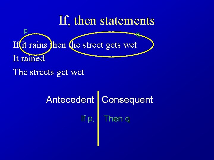 p If, then statements q If it rains then the street gets wet It