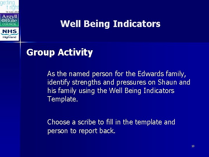 Well Being Indicators Group Activity As the named person for the Edwards family, identify