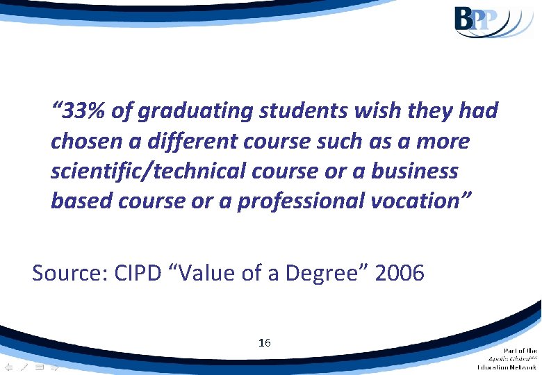 “ 33% of graduating students wish they had chosen a different course such as “ 33% of graduating students wish they had chosen a different course such as