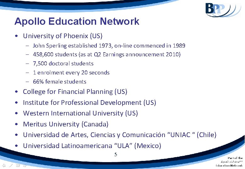 Apollo Education Network • University of Phoenix (US) – – – • • •