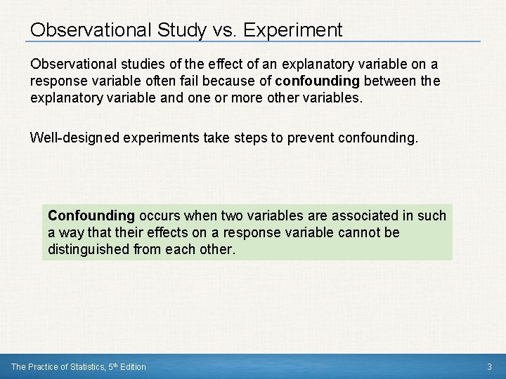 Observational Study vs. Experiment Observational studies of the effect of an explanatory variable on