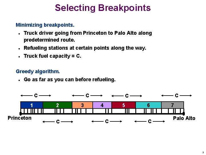 Selecting Breakpoints Minimizing breakpoints. n Truck driver going from Princeton to Palo Alto along
