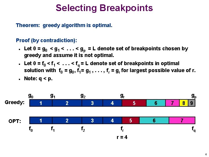 Selecting Breakpoints Theorem: greedy algorithm is optimal. Proof (by contradiction): n n n Let