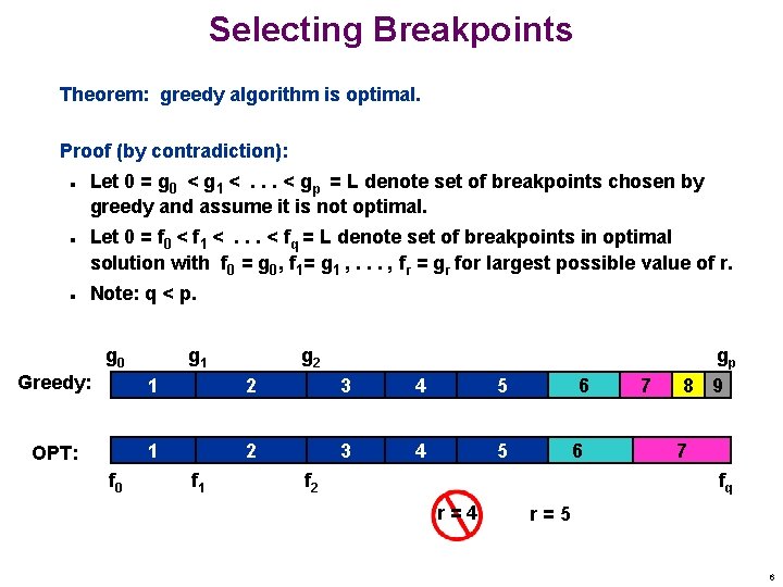 Selecting Breakpoints Theorem: greedy algorithm is optimal. Proof (by contradiction): n n n Let