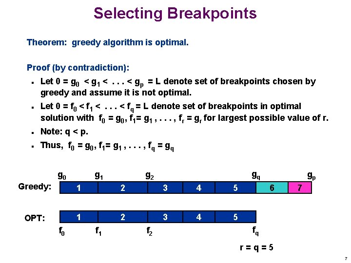 Selecting Breakpoints Theorem: greedy algorithm is optimal. Proof (by contradiction): n n Let 0