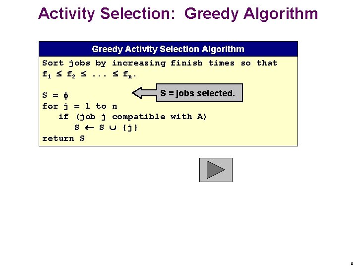 Activity Selection: Greedy Algorithm Greedy Activity Selection Algorithm Sort jobs by increasing finish times