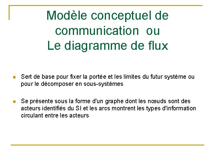 Modèle conceptuel de communication ou Le diagramme de flux n Sert de base pour