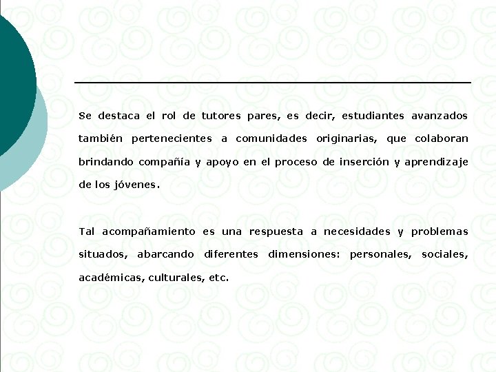 Se destaca el rol de tutores pares, es decir, estudiantes avanzados también pertenecientes a