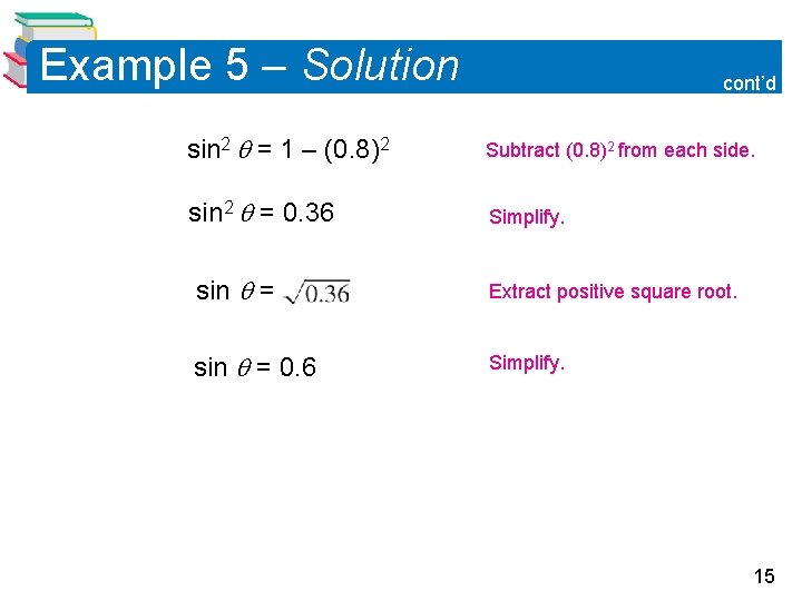 Example 5 – Solution cont’d sin 2 = 1 – (0. 8)2 Subtract (0.
