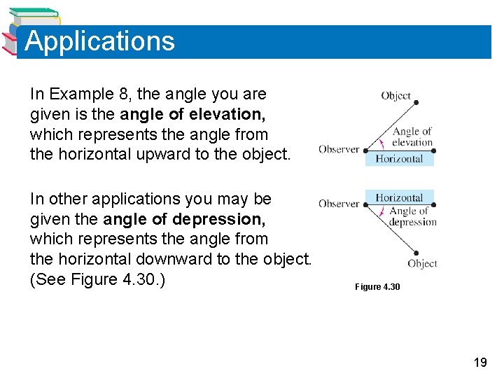 Applications In Example 8, the angle you are given is the angle of elevation,