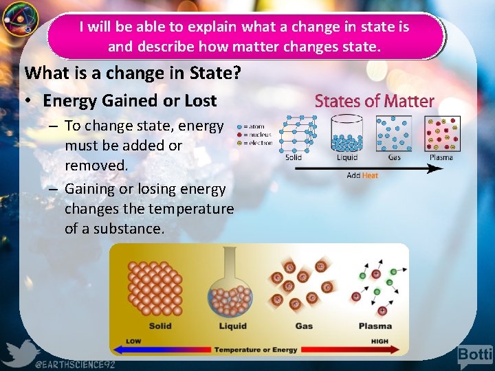 I will be able to explain what a change in state is and describe