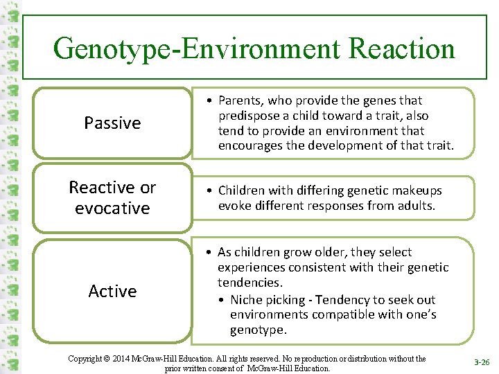 Genotype-Environment Reaction Passive • Parents, who provide the genes that predispose a child toward