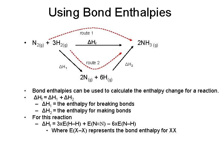 Using Bond Enthalpies route 1 • N 2(g) + 3 H 2(g) ΔH 1