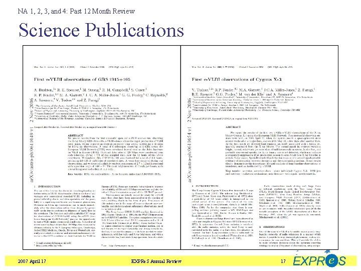 NA 1, 2, 3, and 4: Past 12 Month Review Science Publications 2007 April