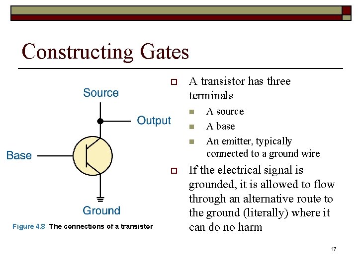 Constructing Gates o A transistor has three terminals n n n o Figure 4.