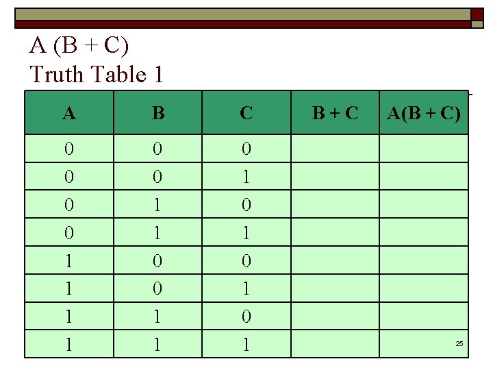 A (B + C) Truth Table 1 A B C 0 0 1 1