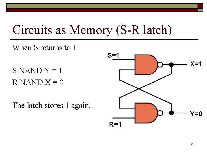 Circuits as Memory (S-R latch) When S returns to 1 S=1 X=1 S NAND