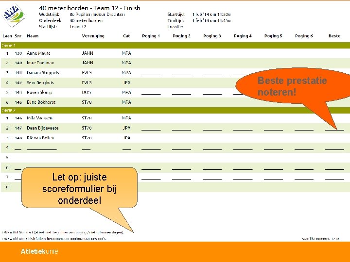 Scoreformulier (teambegeleider) Beste prestatie noteren! Scoreformulier Mark hoogspringen Let op: juiste scoreformulier bij onderdeel