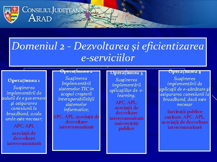 Domeniul 2 - Dezvoltarea şi eficientizarea e-serviciilor Operaţiunea 1 Susţinerea implementării de solutii de