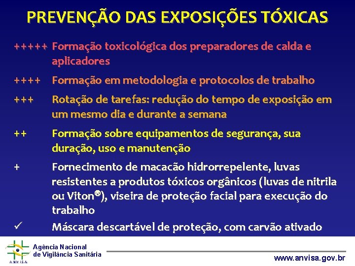 PREVENÇÃO DAS EXPOSIÇÕES TÓXICAS +++++ Formação toxicológica dos preparadores de calda e aplicadores ++++