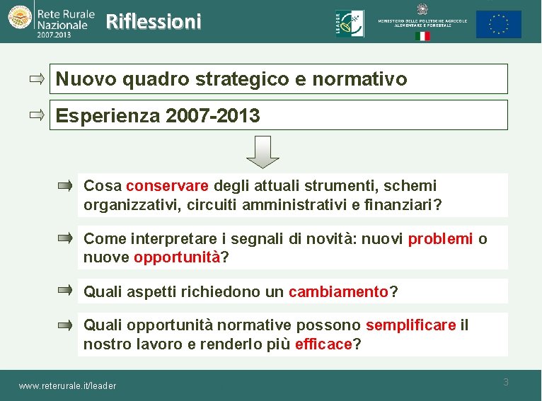 Riflessioni Nuovo quadro strategico e normativo Esperienza 2007 -2013 Cosa conservare degli attuali strumenti,