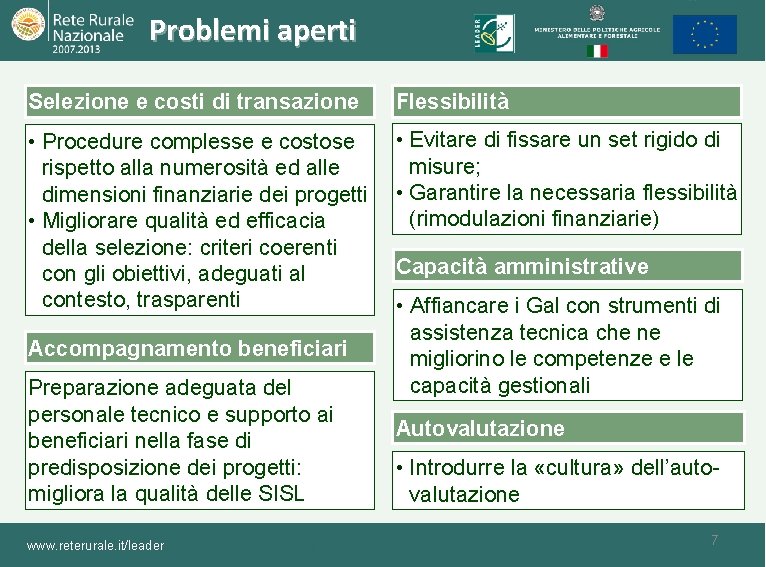 Problemi aperti Selezione e costi di transazione Flessibilità • Procedure complesse e costose rispetto