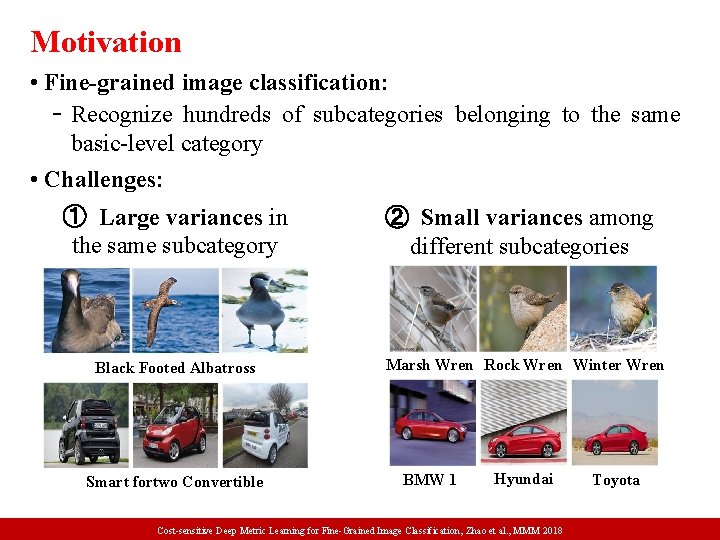 Motivation • Fine-grained image classification: Recognize hundreds of subcategories belonging to the same basic-level
