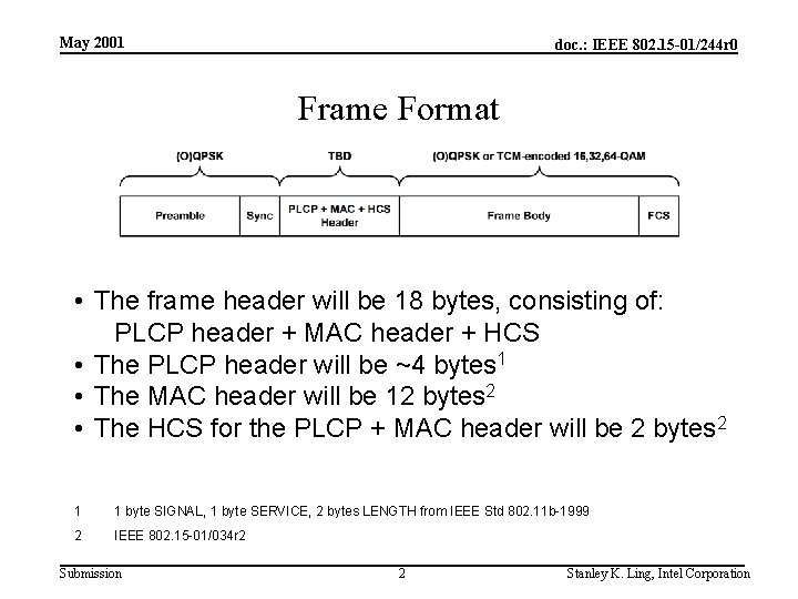 May 2001 doc. : IEEE 802. 15 -01/244 r 0 Frame Format • The