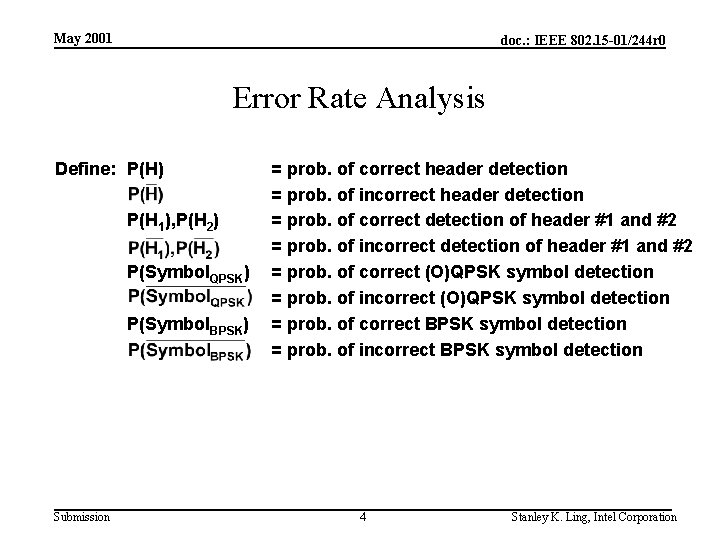 May 2001 doc. : IEEE 802. 15 -01/244 r 0 Error Rate Analysis Define: