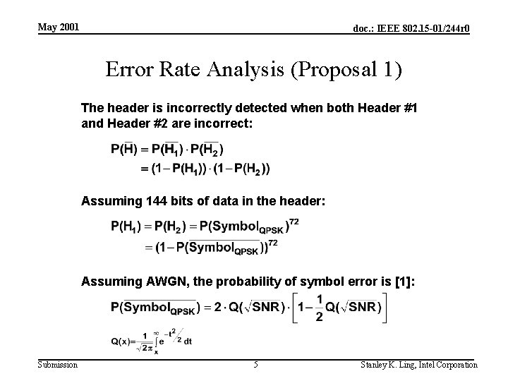 May 2001 doc. : IEEE 802. 15 -01/244 r 0 Error Rate Analysis (Proposal