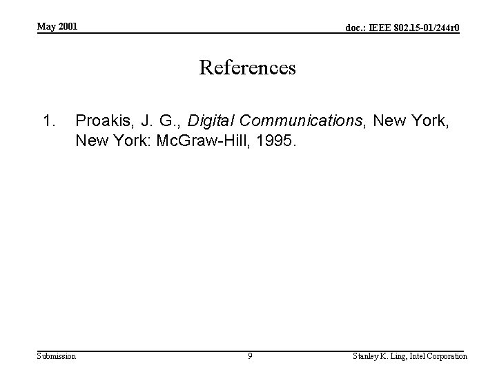 May 2001 doc. : IEEE 802. 15 -01/244 r 0 References 1. Proakis, J.