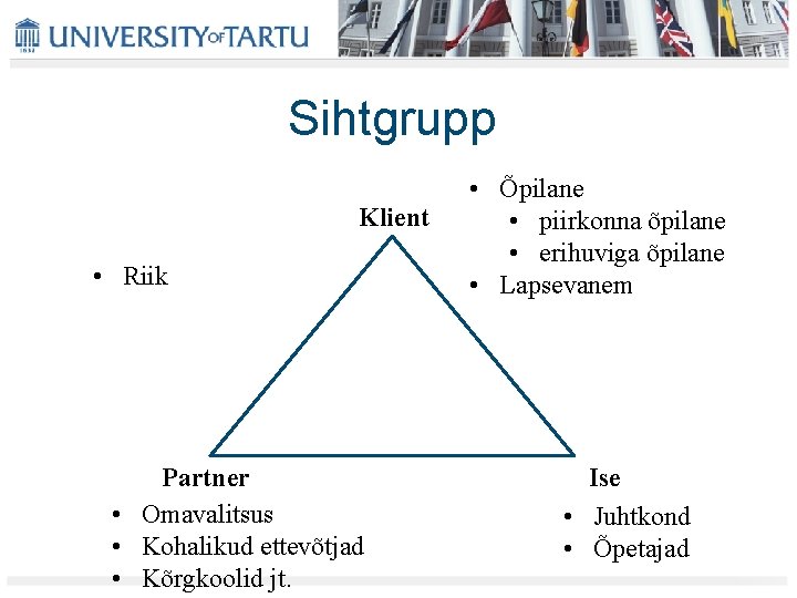 Sihtgrupp Klient • Riik Partner • Omavalitsus • Kohalikud ettevõtjad • Kõrgkoolid jt. • Sihtgrupp Klient • Riik Partner • Omavalitsus • Kohalikud ettevõtjad • Kõrgkoolid jt. •