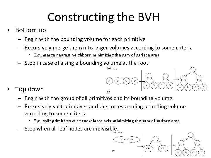Constructing the BVH • Bottom up – Begin with the bounding volume for each