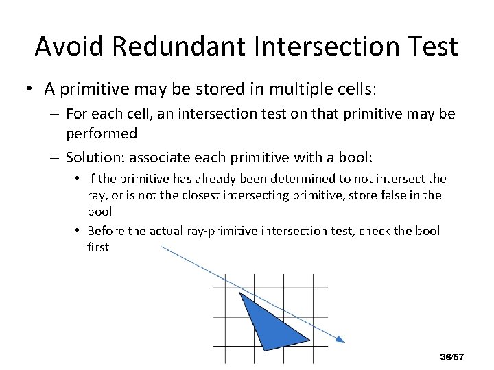 Avoid Redundant Intersection Test • A primitive may be stored in multiple cells: –