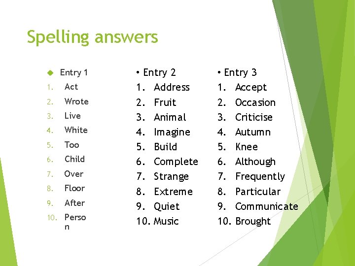 Spelling answers Entry 1 1. Act 2. Wrote 3. Live 4. White 5. Too