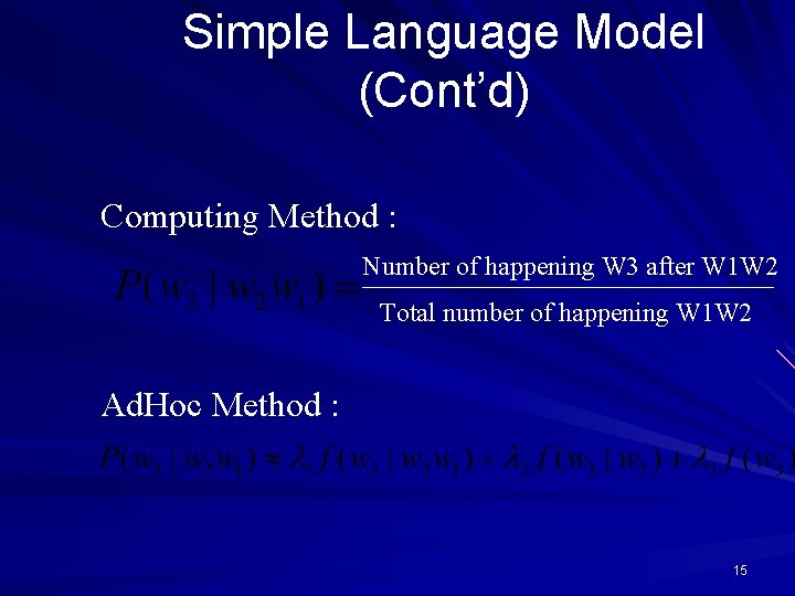 Simple Language Model (Cont’d) Computing Method : Number of happening W 3 after W Simple Language Model (Cont’d) Computing Method : Number of happening W 3 after W