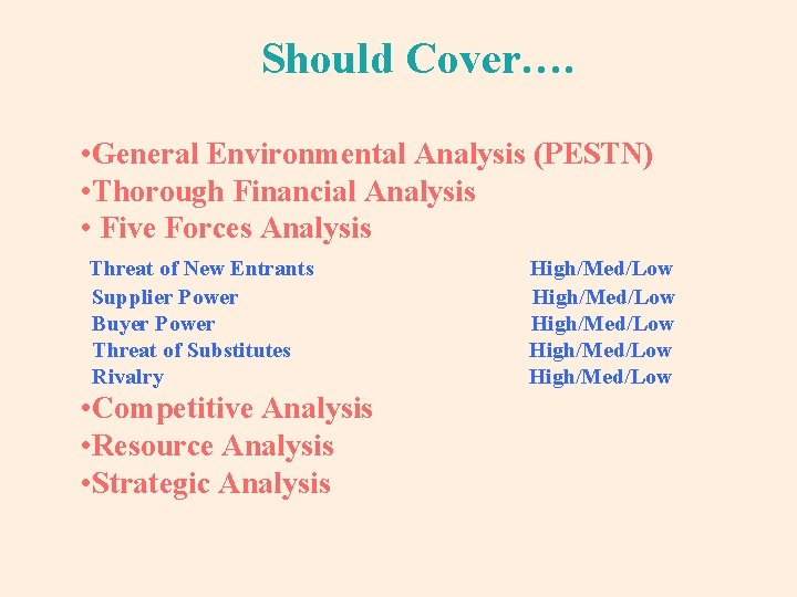 Should Cover…. • General Environmental Analysis (PESTN) • Thorough Financial Analysis • Five Forces