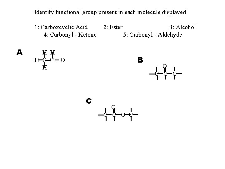 Identify functional group present in each molecule displayed 1: Carboxcyclic Acid 4: Carbonyl -