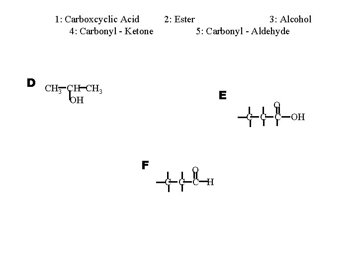 1: Carboxcyclic Acid 4: Carbonyl - Ketone 2: Ester 3: Alcohol 5: Carbonyl -
