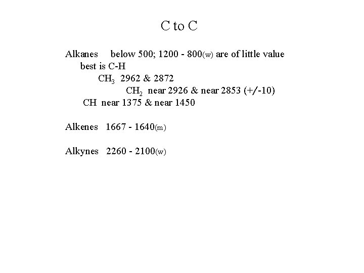 C to C Alkanes below 500; 1200 - 800(w) are of little value best