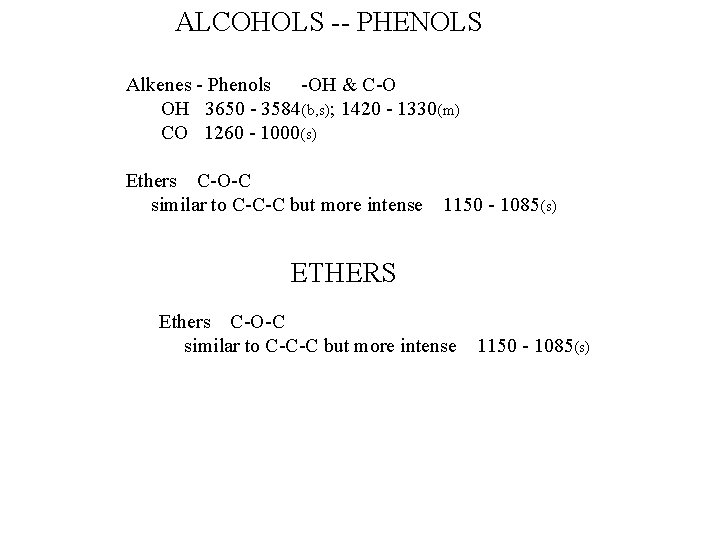 ALCOHOLS -- PHENOLS Alkenes - Phenols -OH & C-O OH 3650 - 3584(b, s);