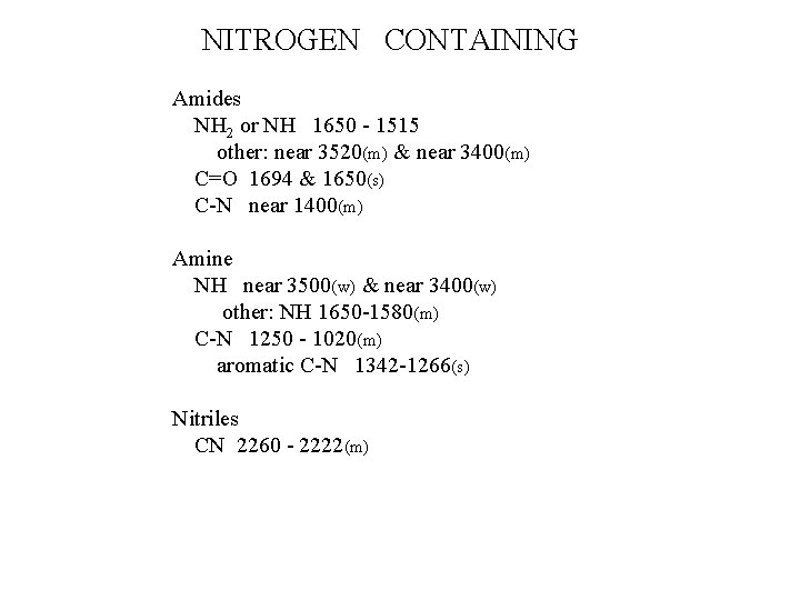 NITROGEN CONTAINING Amides NH 2 or NH 1650 - 1515 other: near 3520(m) &