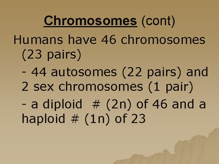 Chromosomes (cont) Humans have 46 chromosomes (23 pairs) - 44 autosomes (22 pairs) and