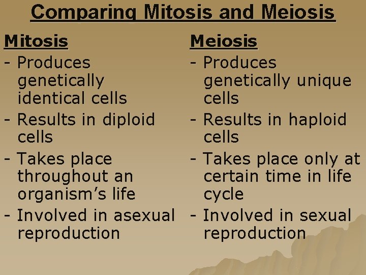 Comparing Mitosis and Meiosis Mitosis - Produces genetically identical cells - Results in diploid