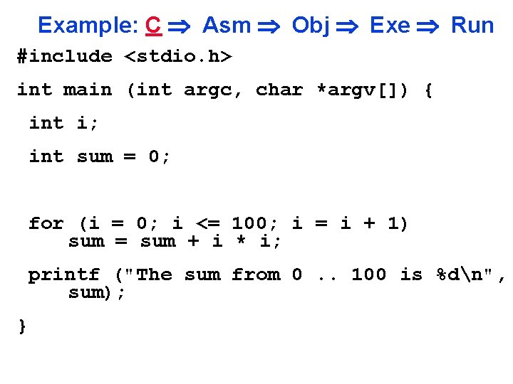 Example: C Asm Obj Exe Run #include <stdio. h> int main (int argc, char