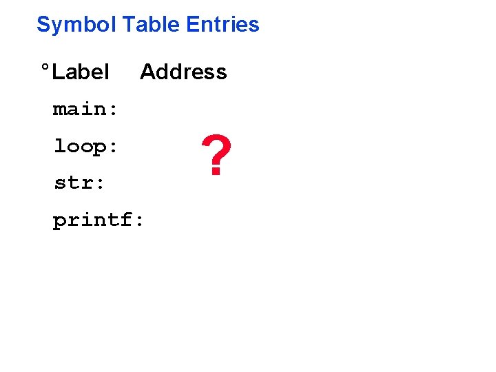 Symbol Table Entries ° Label Address main: loop: str: printf: ? 