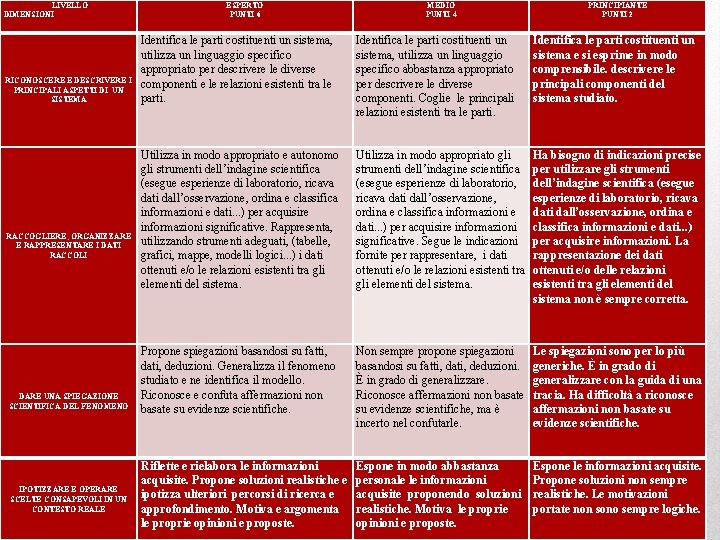 LIVELLO DIMENSIONI RICONOSCERE E DESCRIVERE I PRINCIPALI ASPETTI DI UN SISTEMA RACCOGLIERE, ORGANIZZARE E