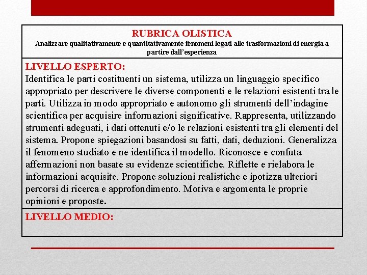 RUBRICA OLISTICA Analizzare qualitativamente e quantitativamente fenomeni legati alle trasformazioni di energia a partire