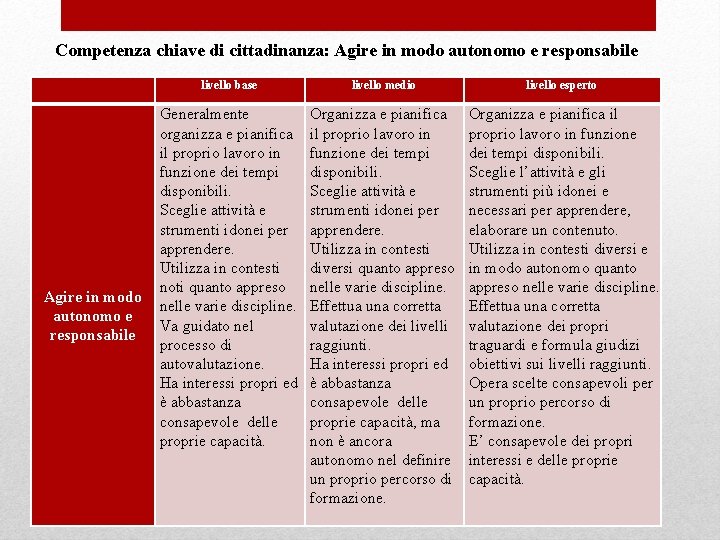 Competenza chiave di cittadinanza: Agire in modo autonomo e responsabile livello base livello medio